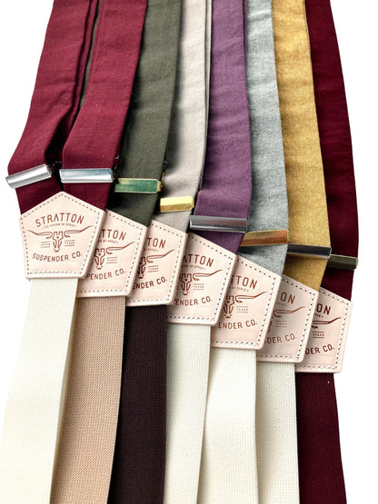 Boho wedding suspenders in burgundy, olive, taupe, lavender, dove gray, gold, and rust maroon; handmade linen button-on braces with leather back patch.