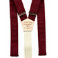Full back view of burgundy linen button-on suspenders with cream cotton back strap and leather patch; handmade in Texas for weddings and vintage formalwear.