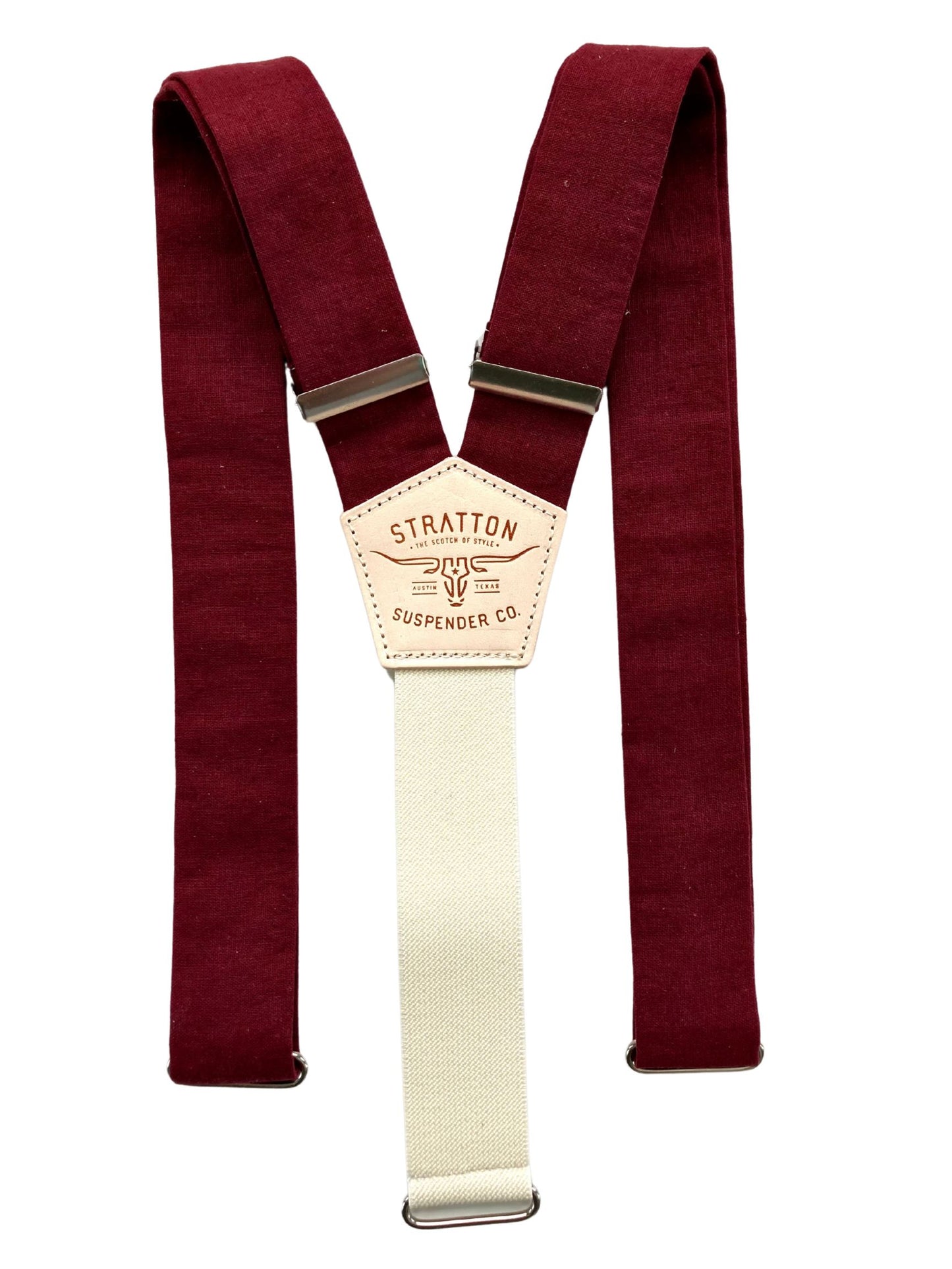 Full back view of burgundy linen button-on suspenders with cream cotton back strap and leather patch; handmade in Texas for weddings and vintage formalwear.