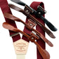 Burgundy linen suspenders with full-grain leather button-on attachments in black, chocolate, cognac, and tan; handmade wedding braces for groomsmen.