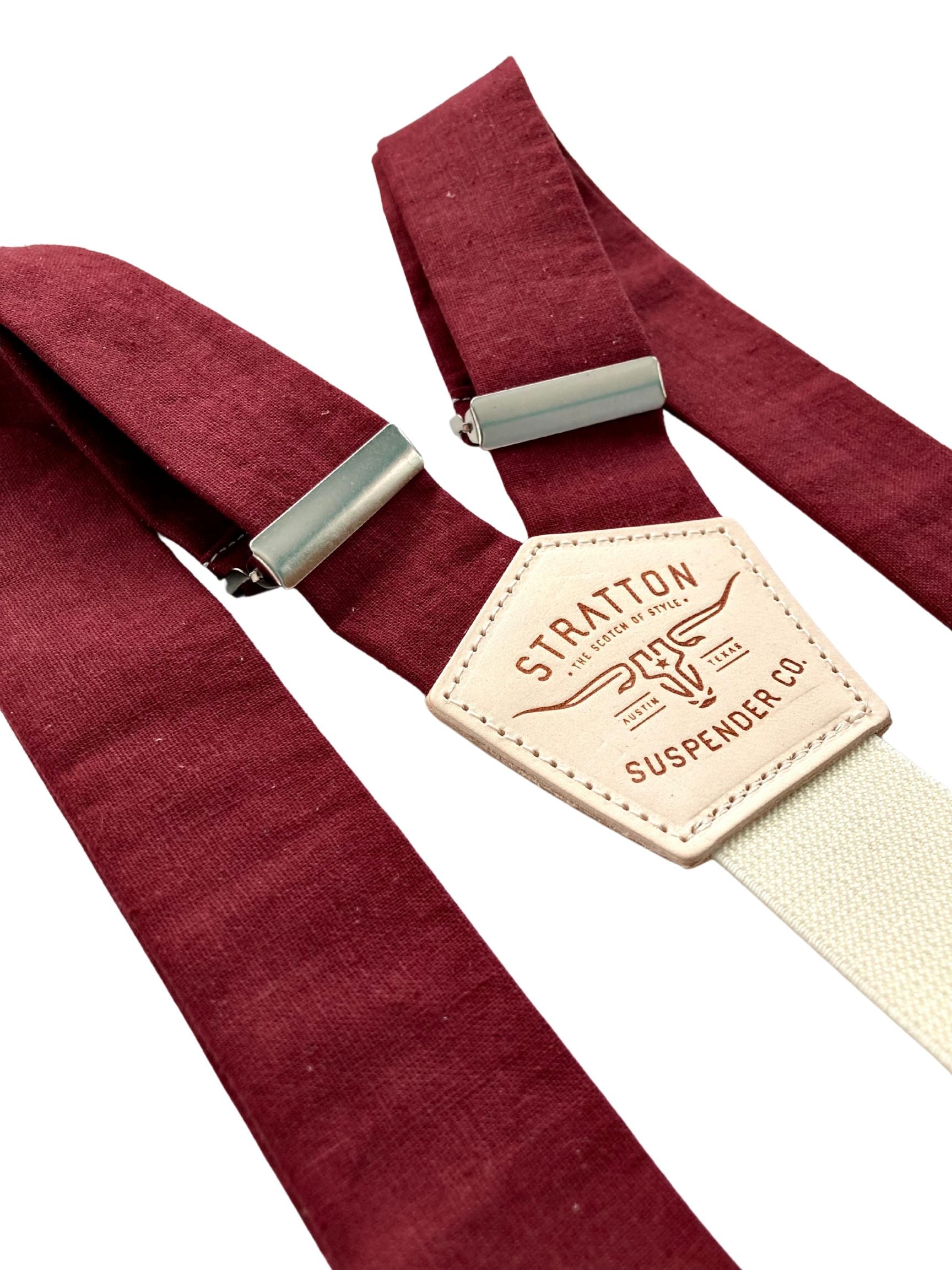 Burgundy linen button-on suspenders handmade to order in Texas USA; rustic wedding groom & groomsmen vintage men’s braces with stainless adjusters.