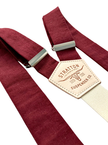 Burgundy linen button-on suspenders handmade to order in Texas USA; rustic wedding groom & groomsmen vintage men’s braces with stainless adjusters.