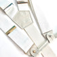 Handmade tuxedo pearl white linen suspenders with mixed gold and silver hardware and full-grain leather button-on attachments, ideal for groomsmen, weddings, and vintage formalwear.