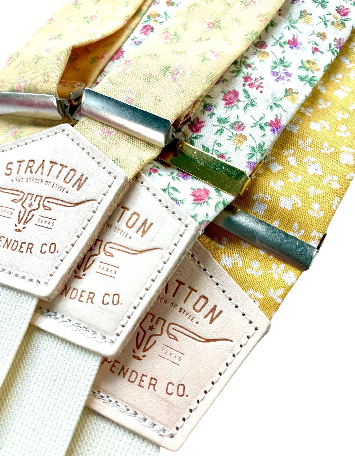 Victorian American Floral Wedding Suspenders Collection – Butter Yellow Antique Floral, Rose Garden Floral, and Marigold Cotton Floral Print – Handcrafted Button-On Braces by Stratton Suspender Co.