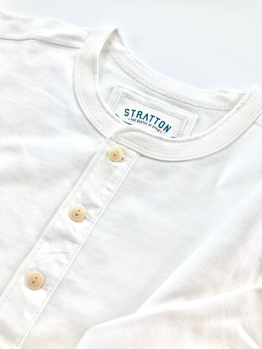 Close-up of Vintage 1940s Heavyweight Henley in Vintage White by Stratton Suspender Co. Features three-button placket, ribbed cuffs, and heavyweight USA cotton. Classic workwear design, made in the USA for durability and heritage style.