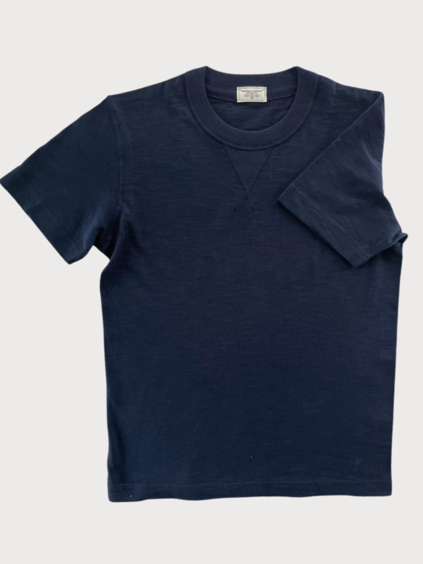 Vintage 1940s Heavyweight T-Shirt in Navy Blue by Stratton Suspender Co. This durable, pre-war style tee is crafted from heavyweight cotton knit with a reinforced V-gusset neckline and a classic workwear fit. Ethically made in the USA, perfect for heritage American menswear enthusiasts.