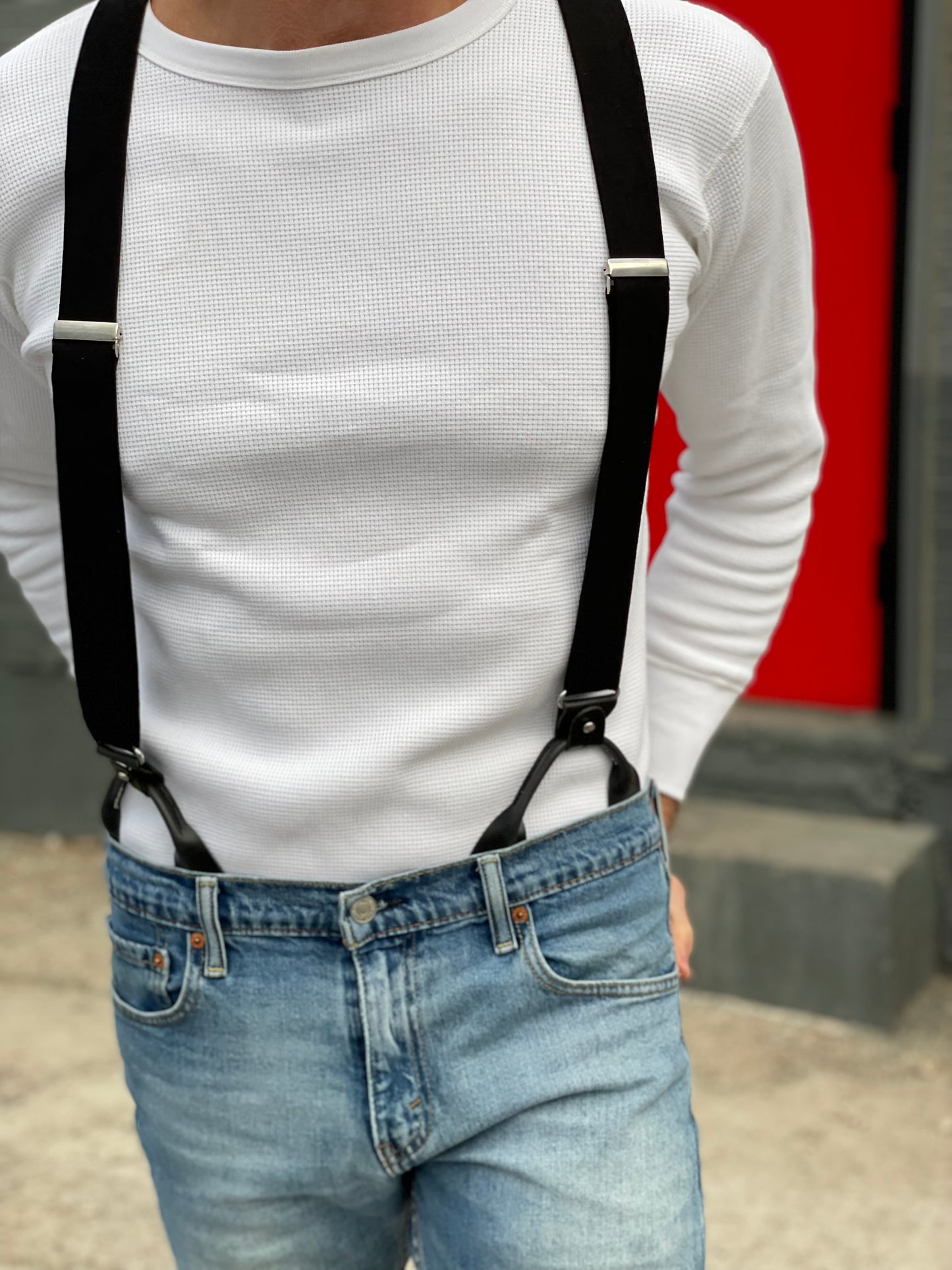 Vintage 1940s waffle knit thermal shirt in white, styled with black suspenders and Vintage Levi’s denim. This heavyweight long sleeve thermal, inspired by classic American workwear, offers warmth, durability, and timeless heritage style. Ethically made in the USA by Stratton Suspender Co.