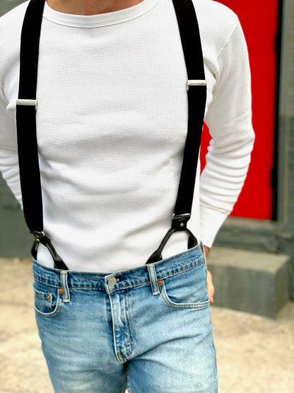 Vintage 1940s waffle knit thermal shirt in white, styled with black suspenders and Vintage Levi’s denim. This heavyweight long sleeve thermal, inspired by classic American workwear, offers warmth, durability, and timeless heritage style. Ethically made in the USA by Stratton Suspender Co.