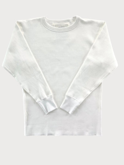 Vintage 1940s heavyweight waffle knit thermal shirt in vintage white, featuring long sleeves, ribbed cuffs, and a classic crew neck. Inspired by pre-war American workwear, this durable and warm layering piece is ethically made in the USA by Stratton Suspender Co.