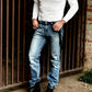 Vintage 1940s waffle knit thermal shirt in white, styled with black suspenders, vintage Levi’s jeans, and black Dr. Martens boots. This heavyweight long sleeve thermal captures classic American workwear, offering warmth, durability, and timeless heritage style. Ethically made in the USA by Stratton Suspender Co.