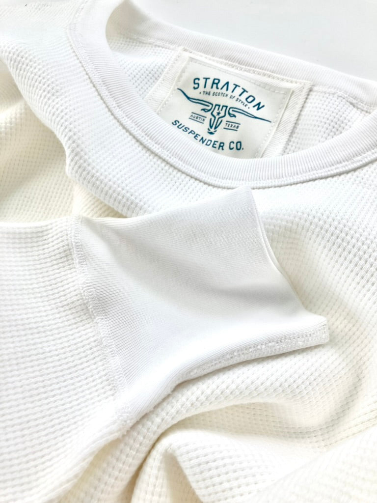 Close-up of Vintage 1940s Heavyweight Waffle Knit Thermal Shirt in white by Stratton Suspender Co. Features rugged waffle texture, ribbed cuffs, and reinforced seams for durability. Ethically made in the USA, inspired by classic workwear and military thermals.