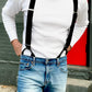 Man wearing a Vintage 1940s Heavyweight Waffle Knit Thermal Shirt in white, paired with black suspenders by Stratton Suspender Co. Showcasing rugged waffle texture, reinforced cuffs, and heritage workwear styling. Ethically made in the USA for durability and warmth.