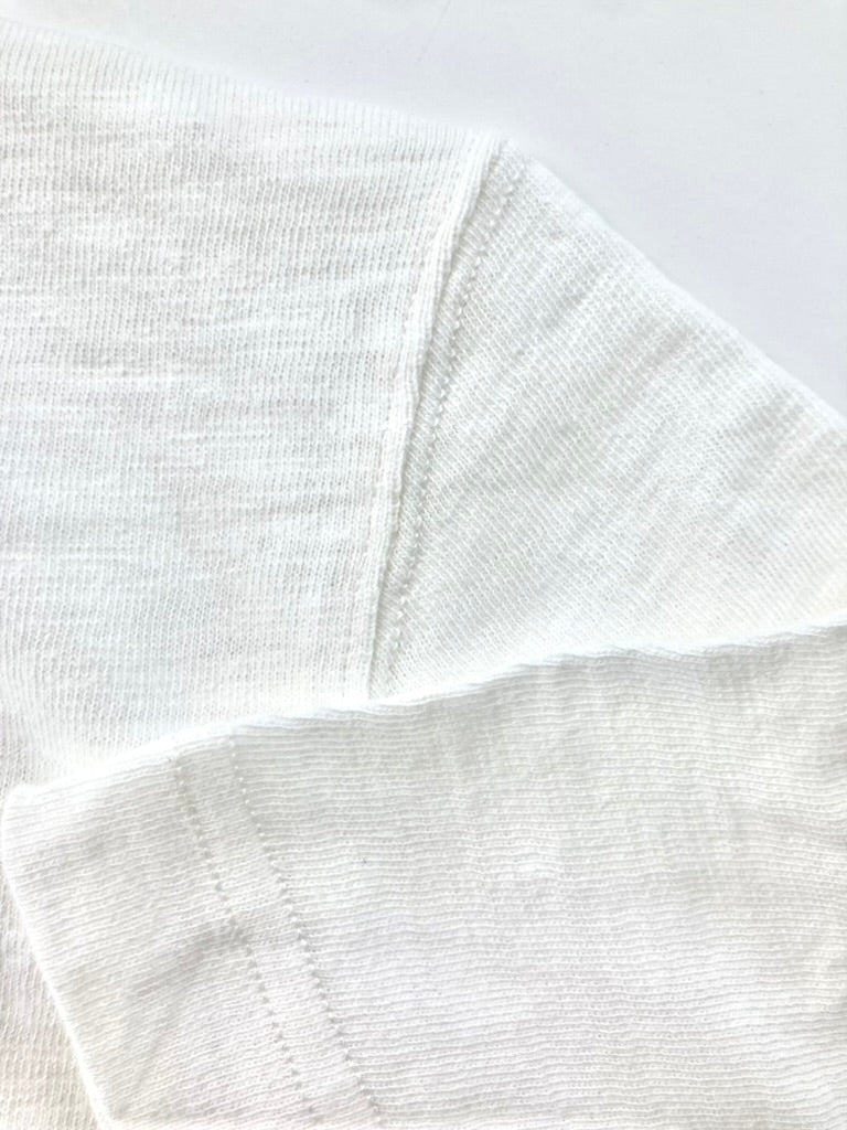 Close-up of the raglan sleeve construction on a vintage-inspired 1940s heavyweight white t-shirt by Stratton Suspender Co. Showcasing premium American craftsmanship and durable fabric texture, designed for heritage menswear and workwear styling.