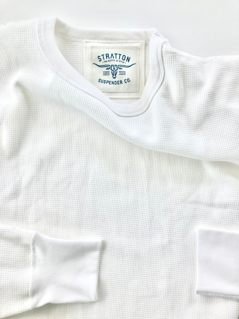 Vintage 1940s heavyweight waffle knit thermal shirt in white, featuring ribbed cuffs and a classic crew neckline. Designed for warmth and durability, this ethically made American workwear essential embodies heritage craftsmanship. Made in the USA by Stratton Suspender Co.