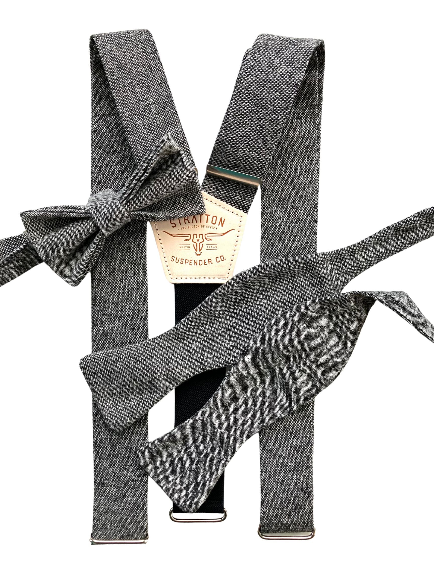 Vintage black linen self-tie bow tie with matching suspenders and pre-tied option, ideal for formal weddings, black-tie events, and classic groomsmen attire. Rustic handmade set also available in light black and charcoal tones.