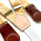 Vintage Blossom Yellow women’s floral suspenders with leather magnetic clasps, handmade in Texas.