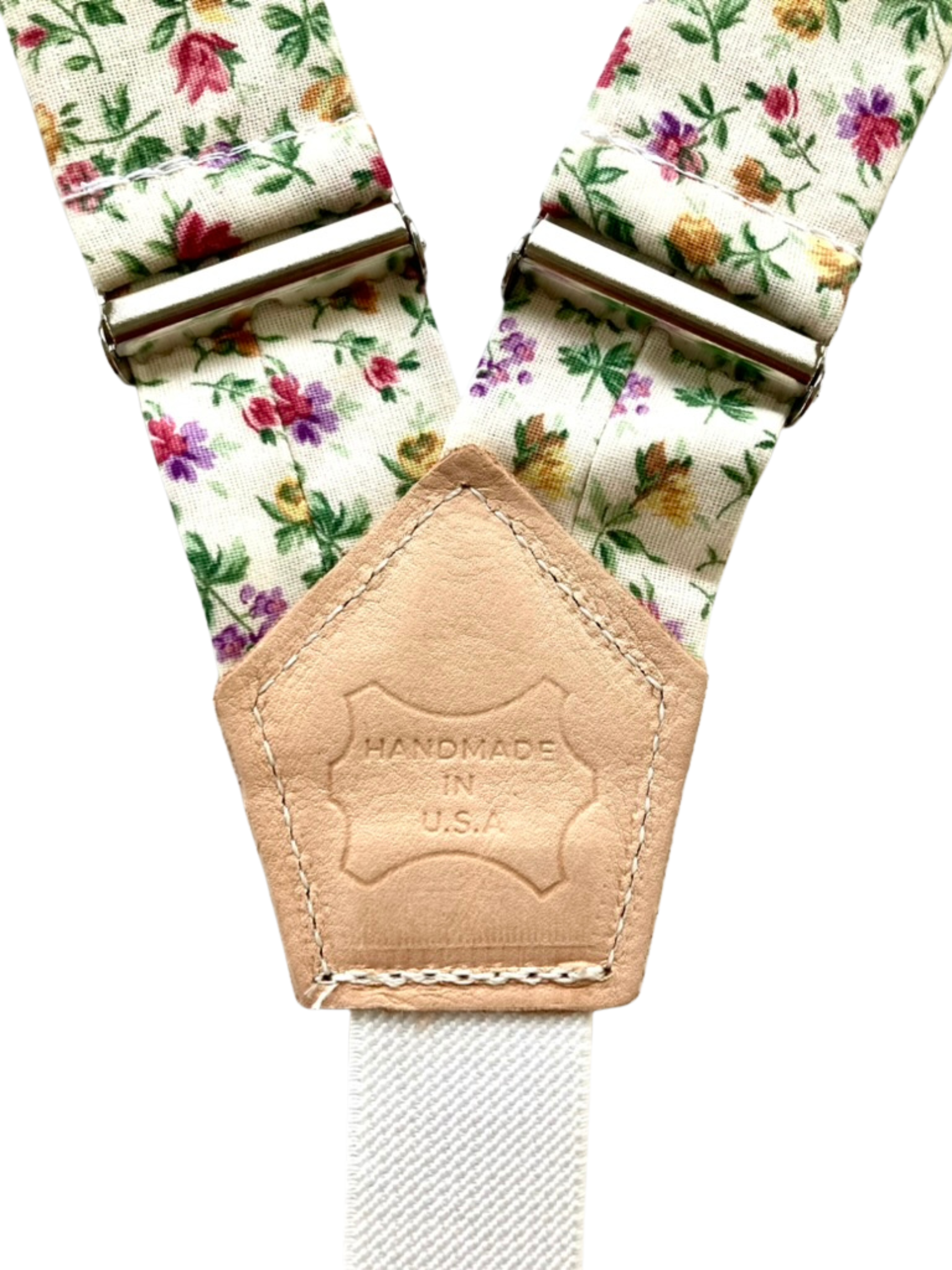 Floral cotton suspenders with leather patch detail stamped handmade in USA, handcrafted by Stratton Suspender Co.