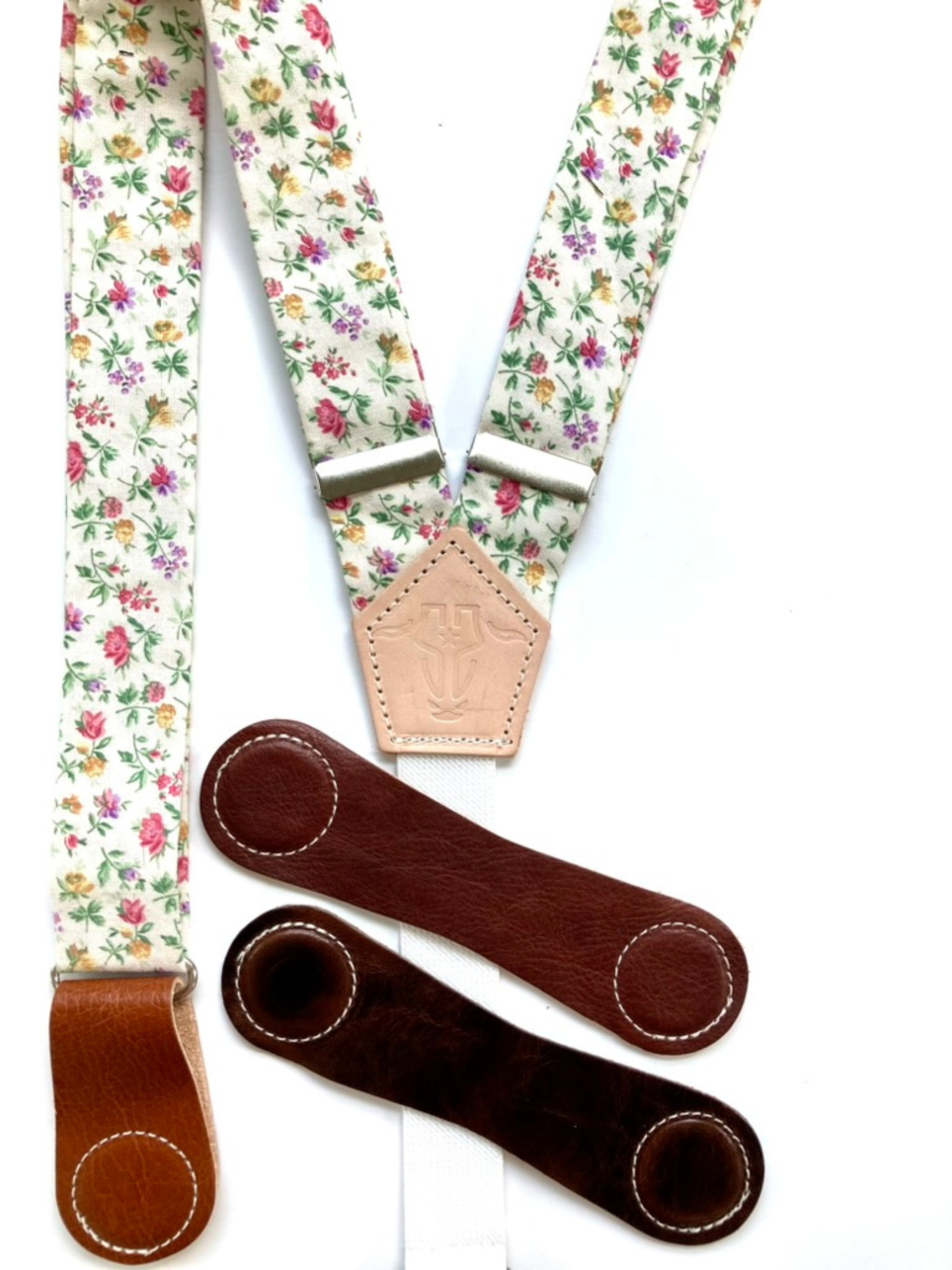 Vintage rose garden floral women’s suspenders with leather magnetic clasp options in Cognac, Tan, and Chocolate.