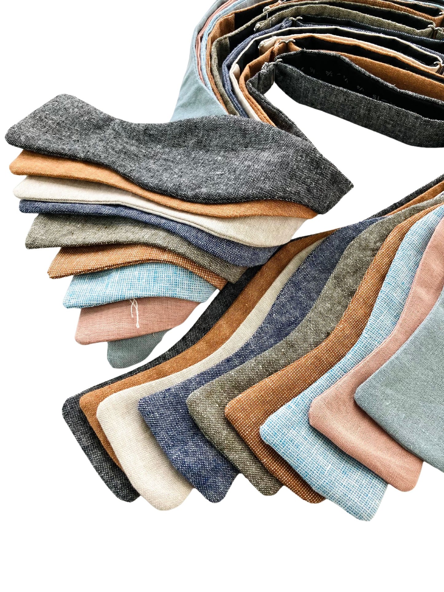 Vintage-style self-tie linen bow ties in trending wedding colors including powder blue, dusty blue, dusty rose, beige, black, olive, and burnt orange. Perfect for groomsmen, formalwear, and rustic or boho weddings.