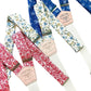 Vintage floral suspenders collection with blue, marigold, and red floral patterns, handmade button-on wedding suspenders by Stratton Suspender Co.