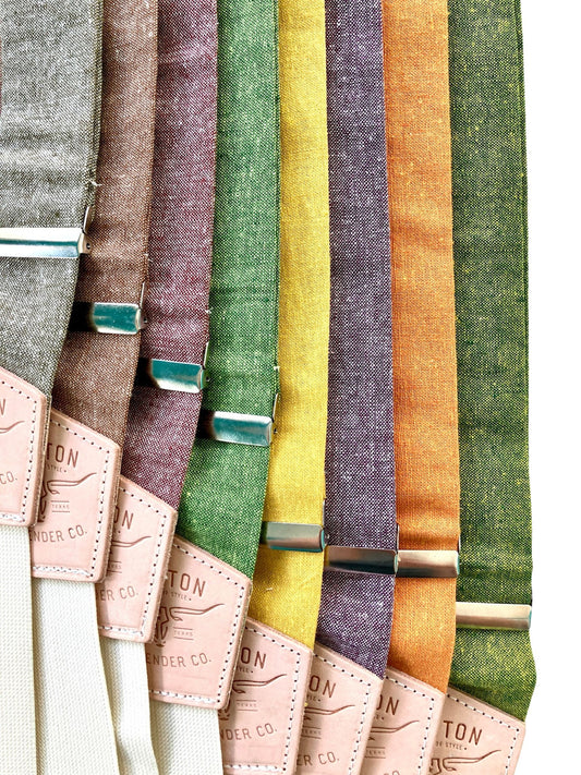 Linen Wedding Suspenders – Moss Green, Nutmeg Brown, Rust Maroon, Kelly Green, Mustard Yellow, Plum Purple, Tangerine Orange, Chartreuse | Groomsmen Gifts & Modern Western Formalwear