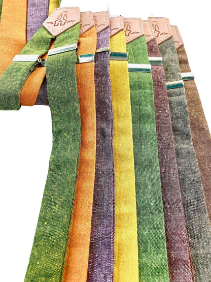 Women's Magnetic Clasp Suspender Straps by Stratton Suspender Co. in Fall Color Palette – Kelly Green, Tangerine Orange, Purple, Mustard Yellow, Chartreuse Green, Rust, Moss Green, and Nutmeg. Handmade in Texas with vintage-inspired style and modern convenience.