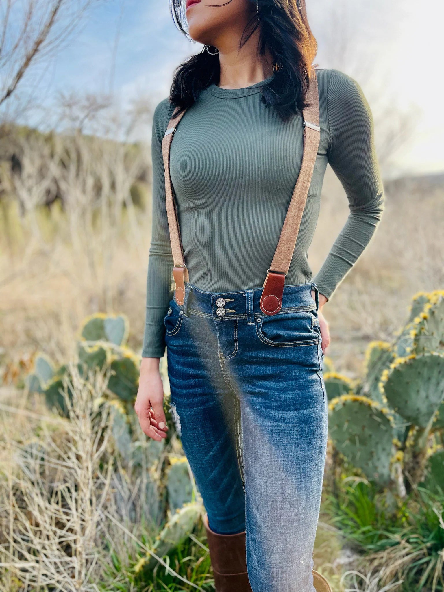 Women's Magnetic Suspenders in Nutmeg Brown with Cognac Leather – Cute Vintage-Inspired Accessory by Stratton Suspender Co. – Styled with Olive Green Top and Denim Jeans for Effortless Western Chic Style.