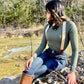 Women’s suspenders worn with jeans and boots – classic fall outfit with western and outdoor styling