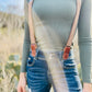 Fall Style - Women's Suspenders in Nutmeg Brown with Cognac Leather – Cute Vintage-Inspired Accessory by Stratton Suspender Co. – Styled with Olive Green Top and Denim Jeans for Casual Austin Texas Street Style.