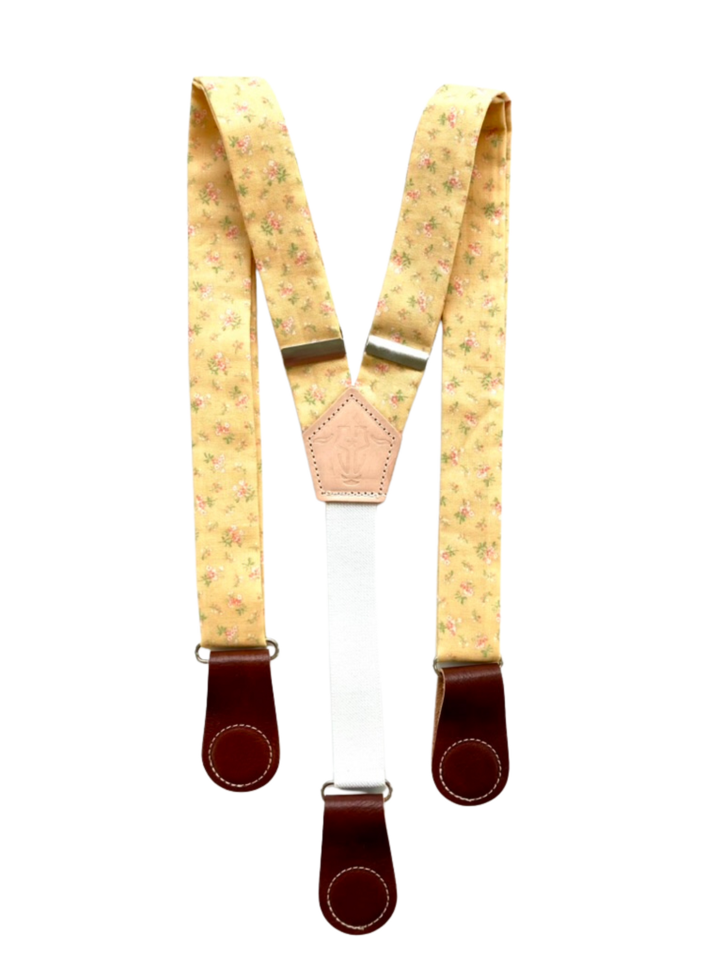 Full view of Vintage Blossom Yellow women’s floral suspenders with leather magnetic clasps, handmade in Texas.