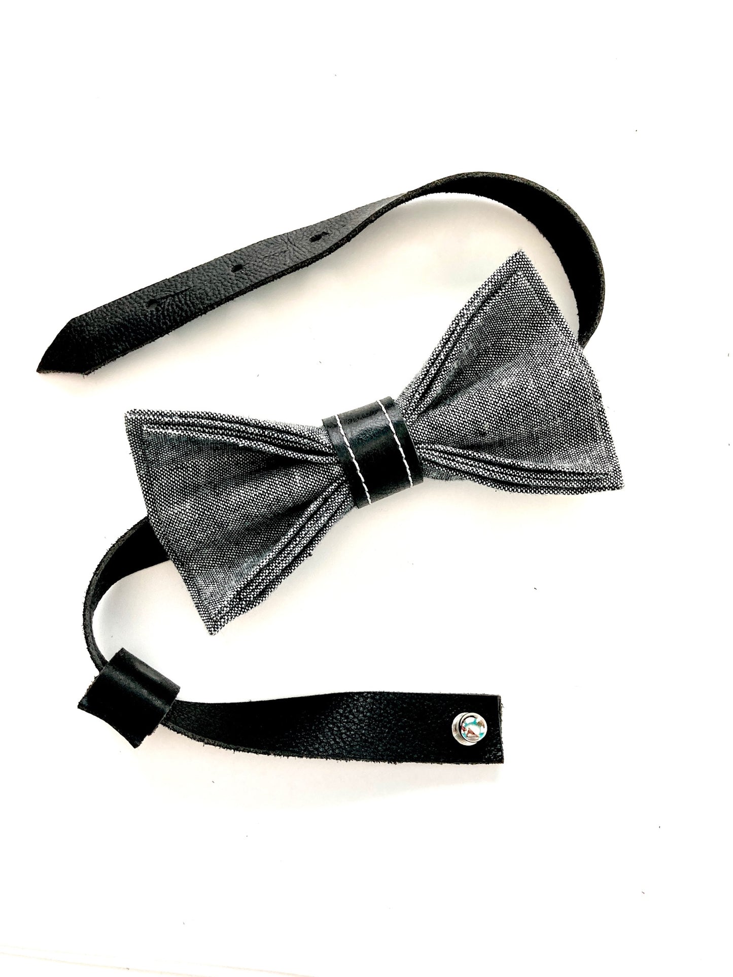 Stratton Suspender Co. Texas Oil Black Linen Bowtie paired Black Leather Knot along with Black Leather Strap