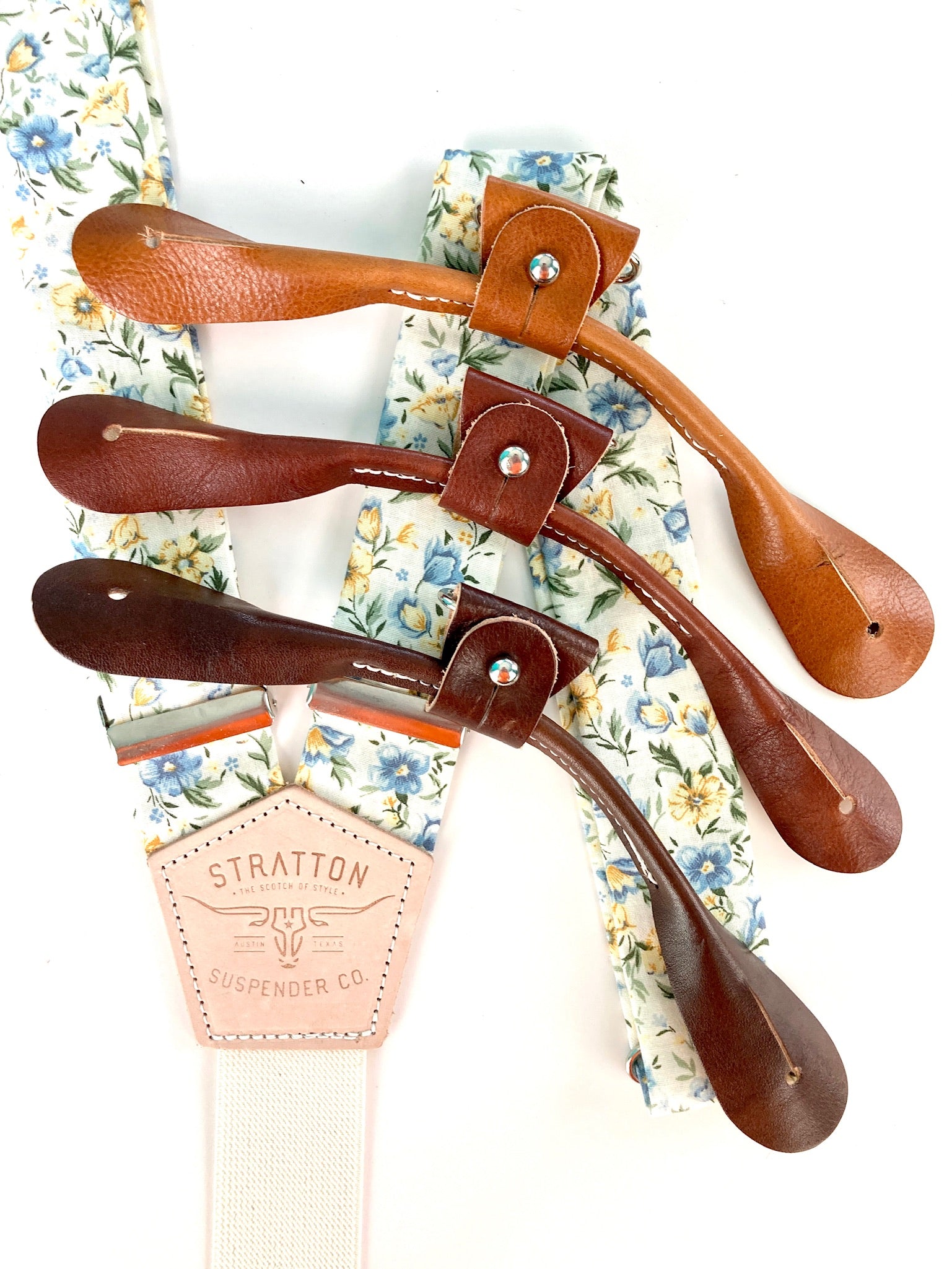Stratton Suspender Co. Button On Set in Cream Vintage 1880 featuring Tan, Cognac, and Chocolate Italian Pontedero Leather