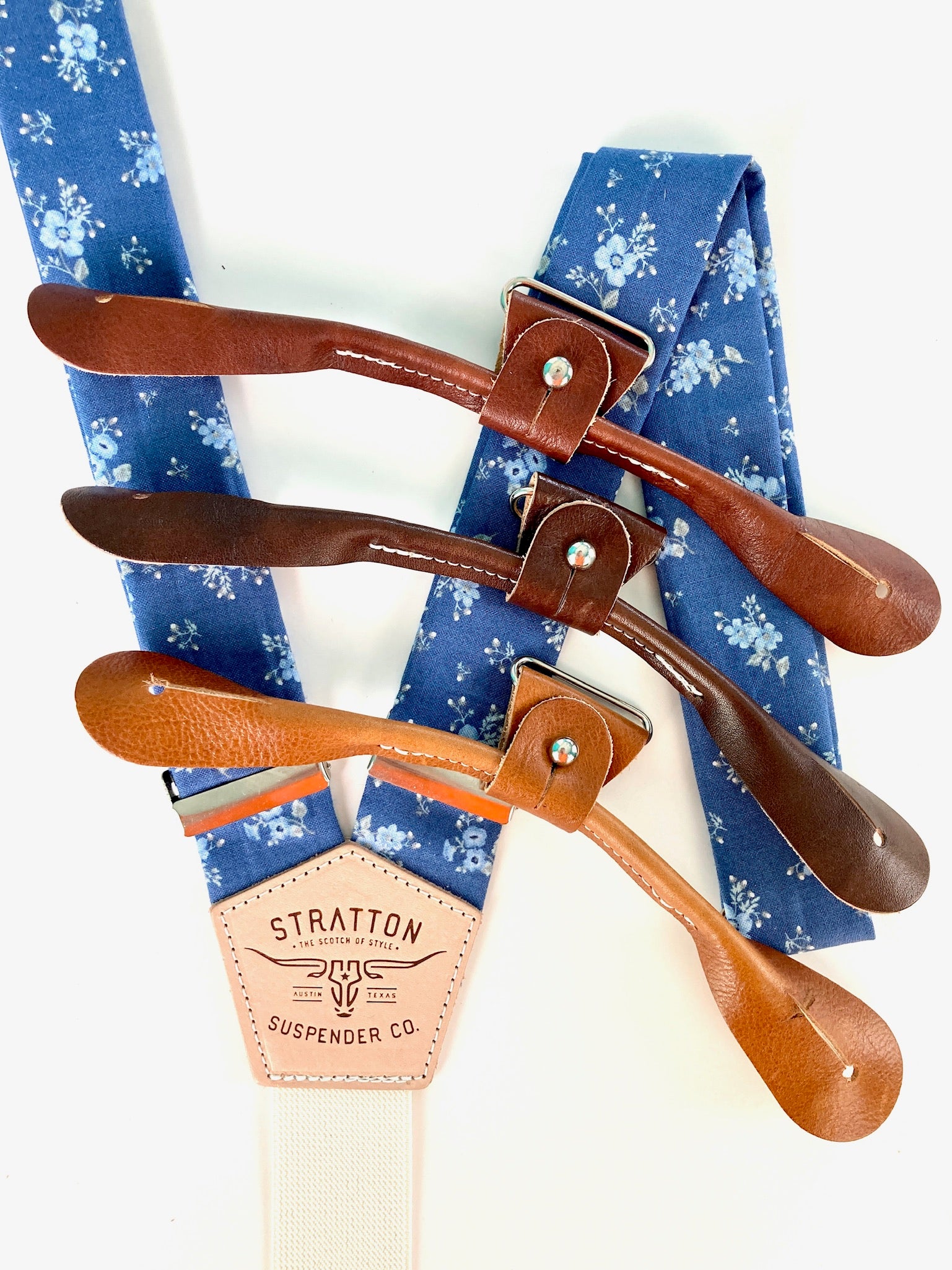 Stratton Suspender Co. Button On Set in Blue Vintage 1880 featuring Tan, Cognac, and Chocolate Leather