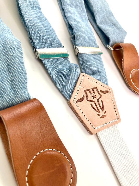 Pastel Blue Linen Women’s Suspenders with Magnetic Clasps – Handmade in Texas | Feminine Heritage Accessory for Work, School & Casual Outfits