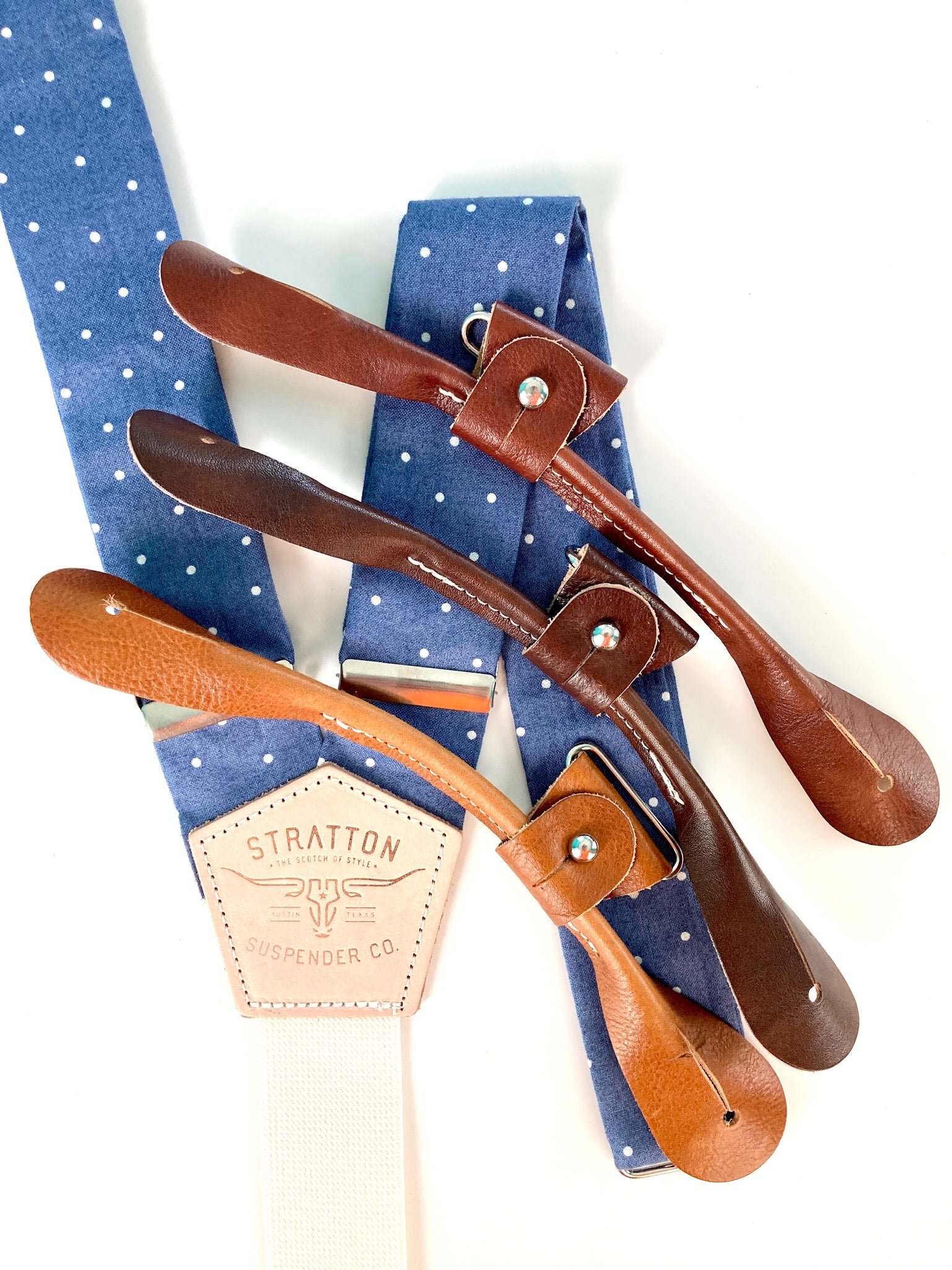 Stratton Suspender Co. Button On Set in Vintage Blue Polka Dot featuring Tan, Cognac, and Chocolate Italian Pontedero Leather