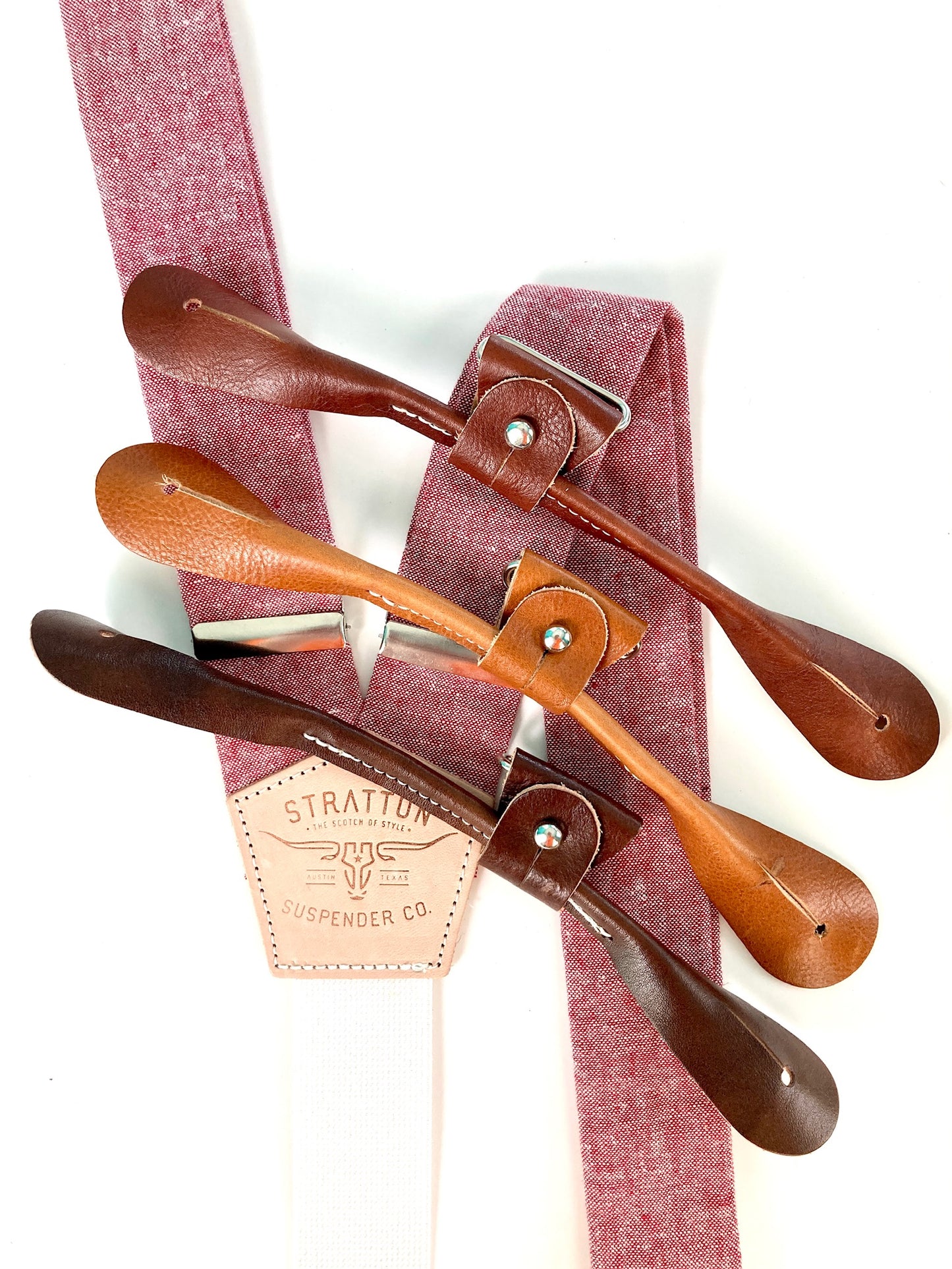 Stratton Suspender Co. Button On Set in Bandera Red Linen featuring Tan, Cognac, and Chocolate Italian Pontedero Leather