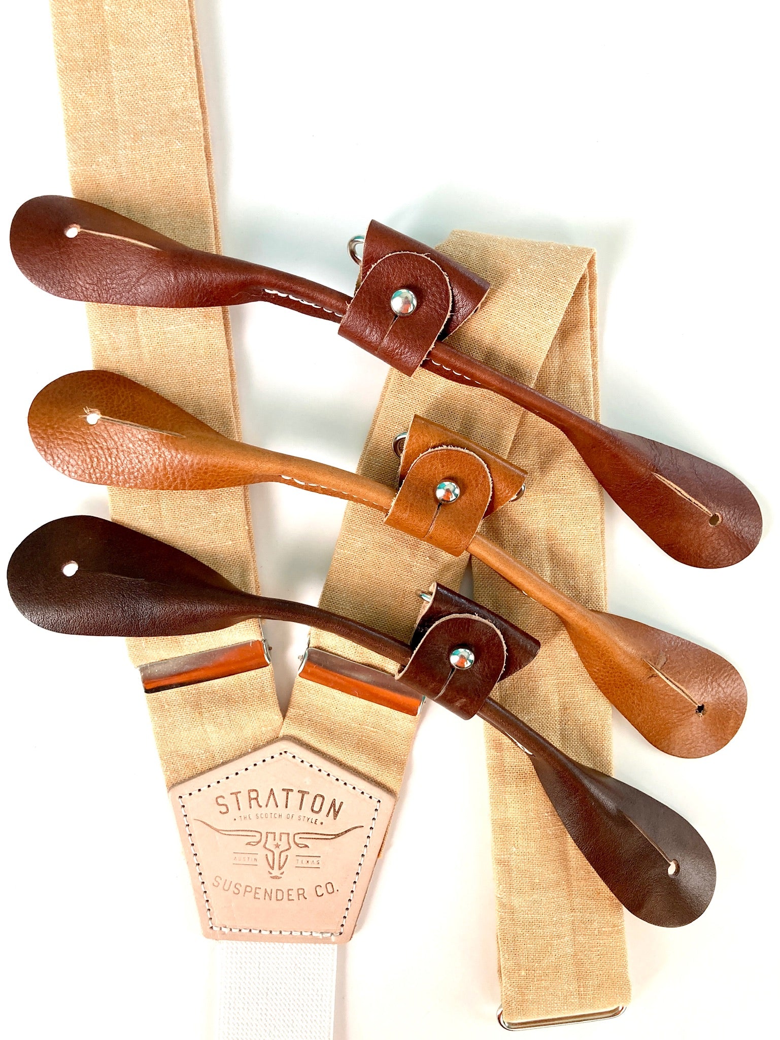 Stratton Suspender Co. Button On Set in El Paso Orange Linen featuring Tan, Cognac, and Chocolate Italian Pontedero Leather