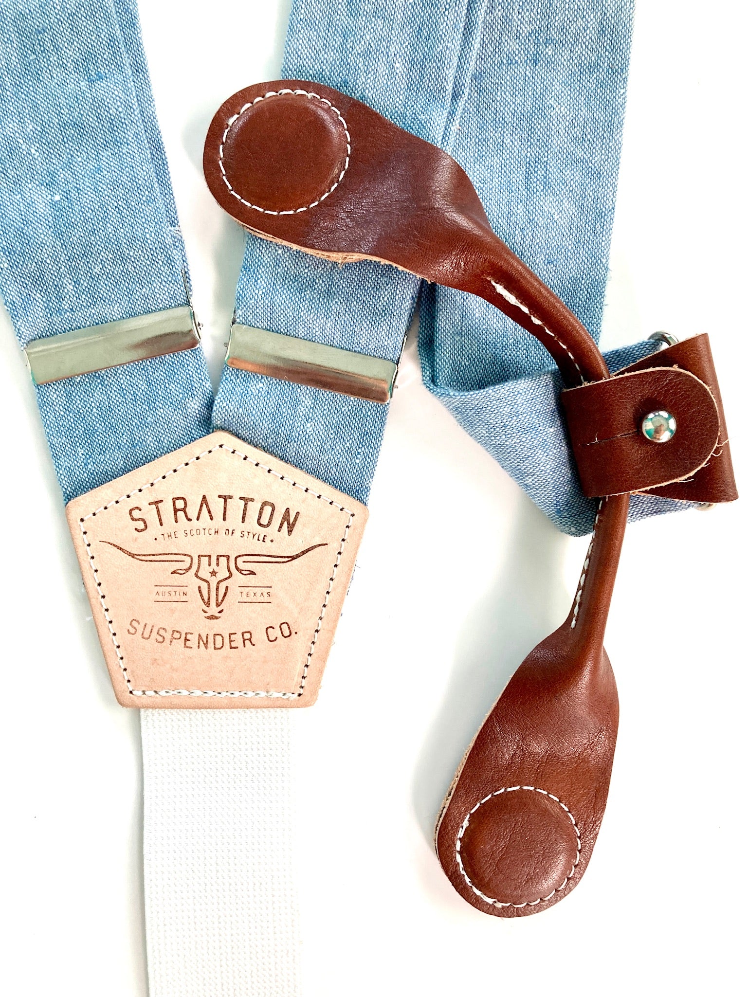 Stratton Suspenders in Frio River Blue Linen Paired with Cognac Pontedero Leather Magnetic Clasps
