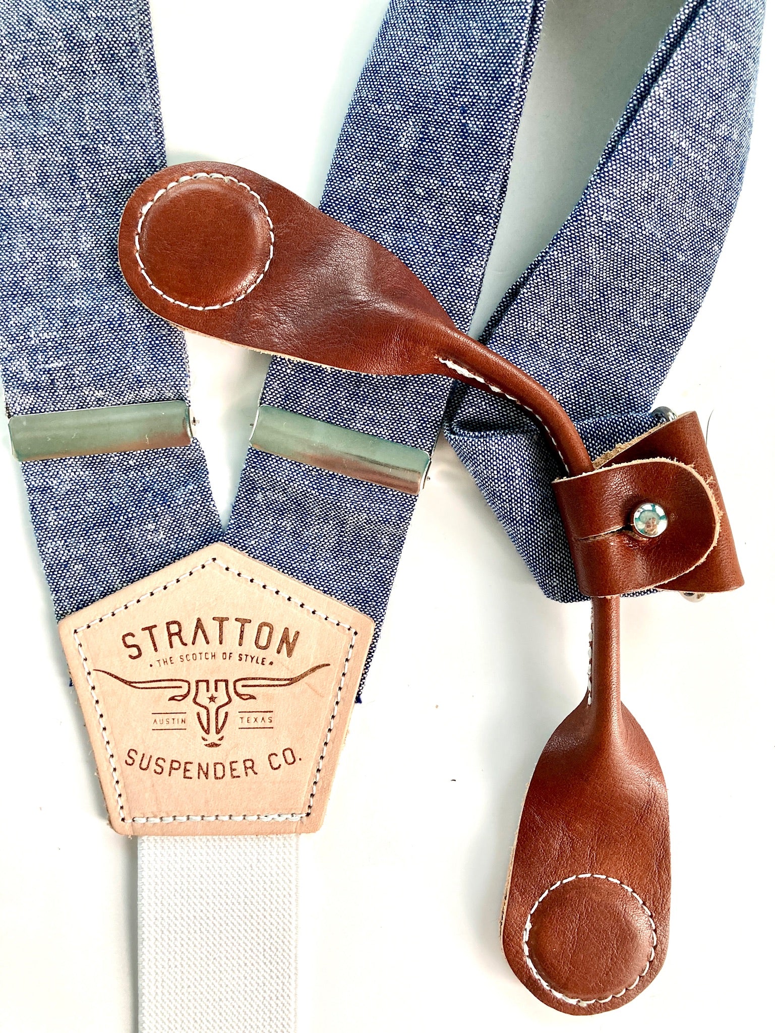 Stratton Suspenders in Blue Bonnet Blue Linen Paired with Cognac Pontedero Leather Magnetic Clasps