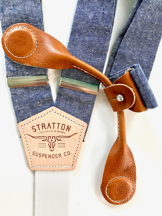Stratton Suspenders in Blue Bonnet Blue Linen Paired with Tan Pontedero Leather Magnetic Clasps