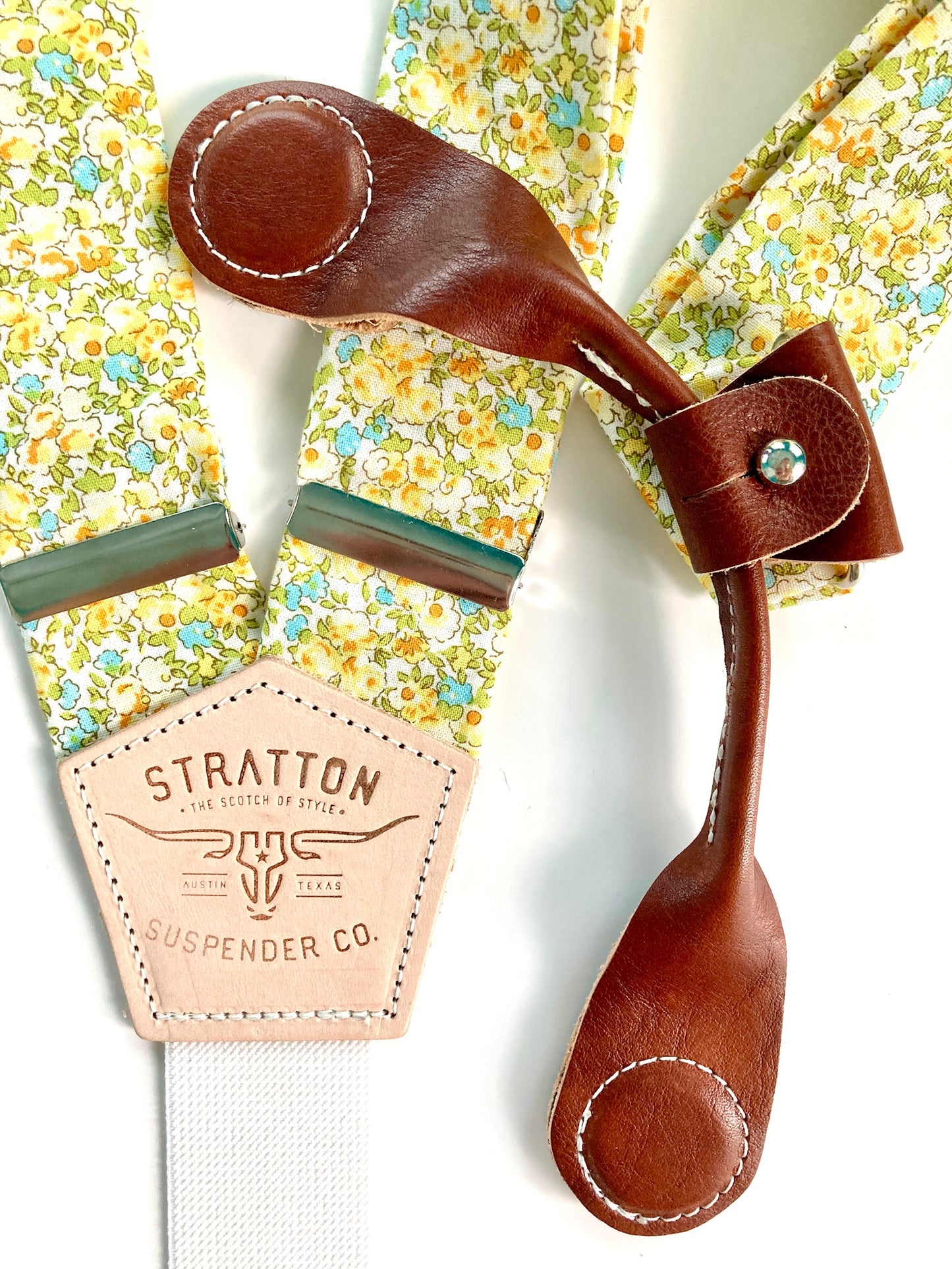 Stratton Suspenders in Summertime Yellow Floral Paired with Cognac Pontedero Leather Magnetic Clasps