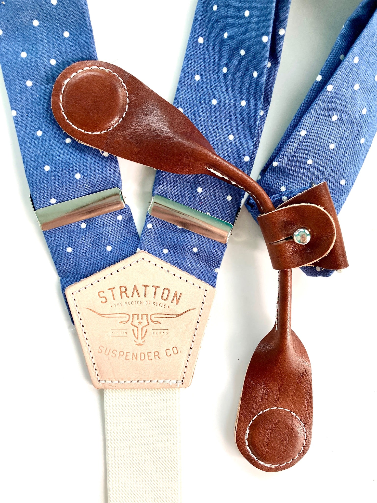Stratton Suspenders in our Vintage Polka Dot Blue Paired with Cognac Pontedero Leather Magnetic Clasps 