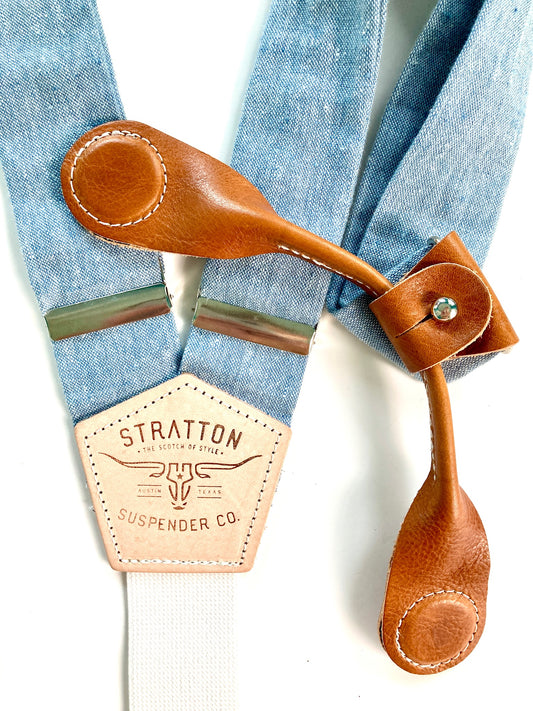 Stratton Suspenders in Frio River Blue Linen Paired with Tan Pontedero Leather Magnetic Clasps