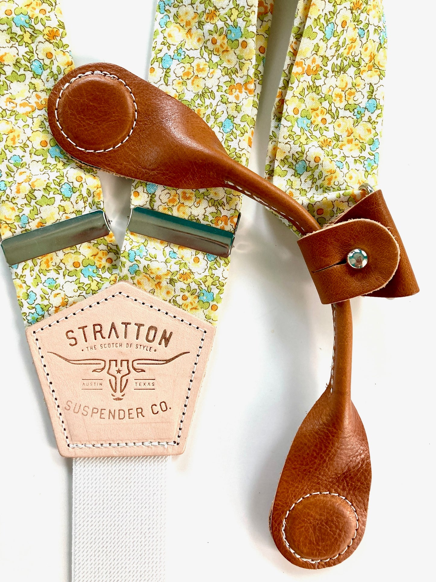 Stratton Suspenders in Summertime Yellow Floral Paired with Tan Pontedero Leather Magnetic Clasps