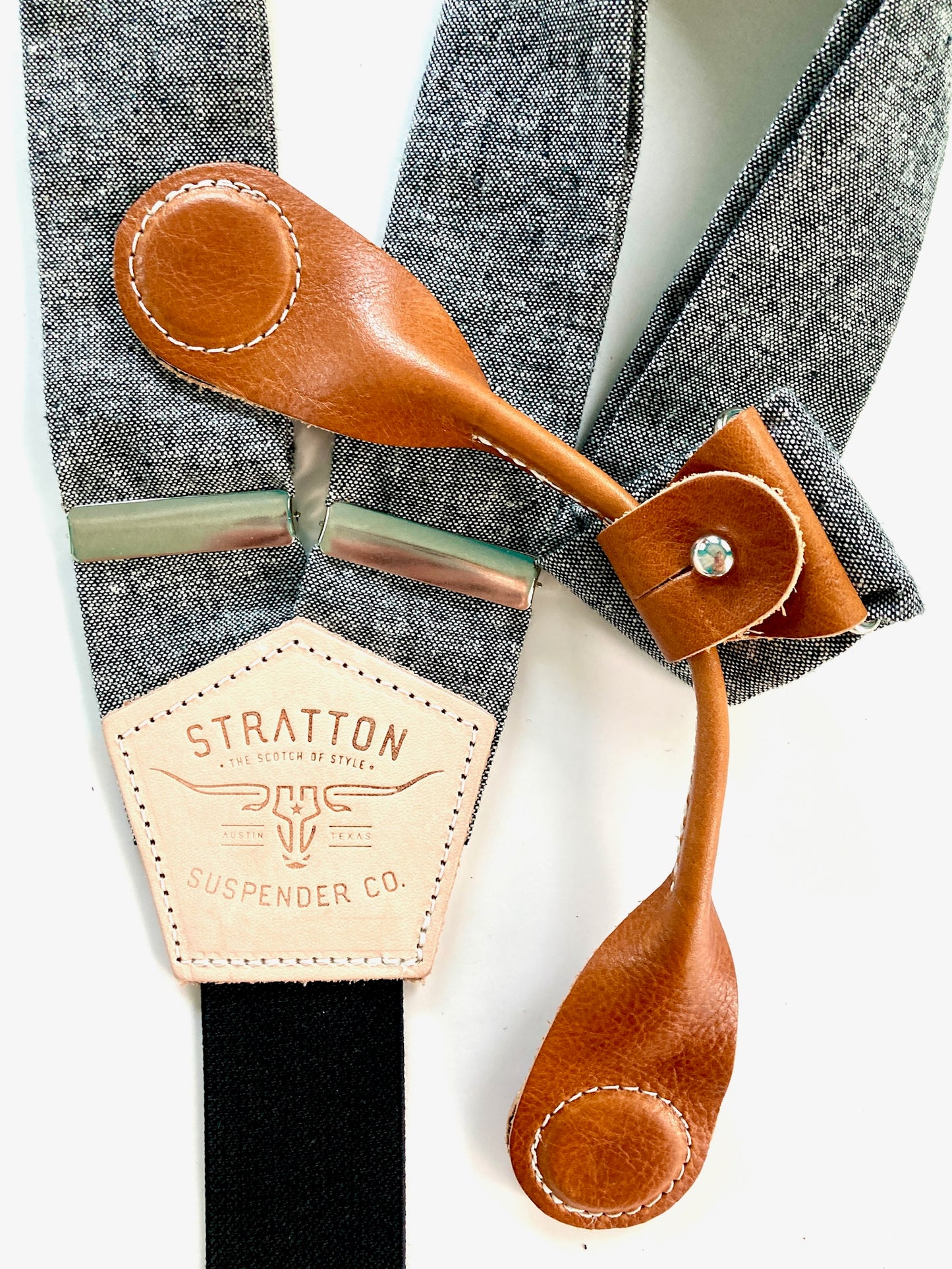 Stratton Suspenders in Texas Oil Black Linen Paired with Tan Pontedero Leather Magnetic Clasps