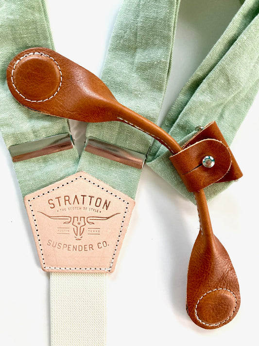 Stratton Suspenders in Garner Green Linen Paired with Tan Pontedero Leather Magnetic Clasps