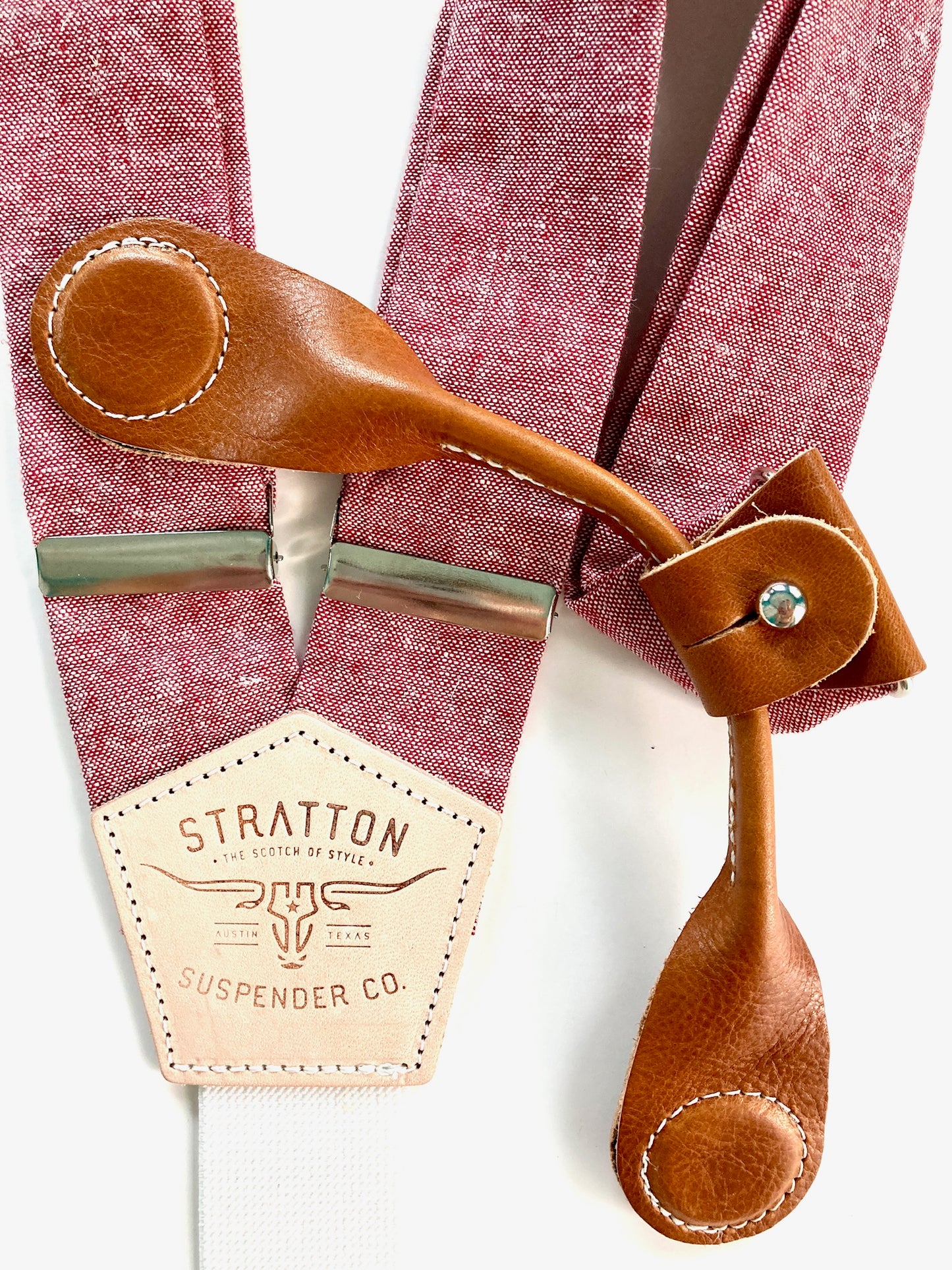 Stratton Suspenders in Bandera Red Linen Paired with Tan Pontedero Leather Magnetic 