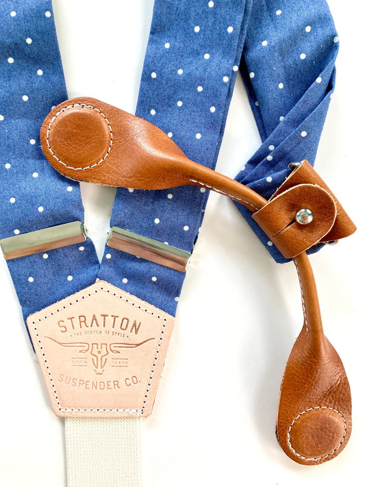 Stratton Suspenders in our Vintage Polka Dot Blue Paired with Tan Pontedero Leather Magnetic Clasps 