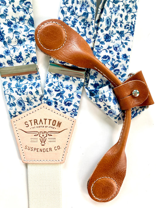 Stratton Suspenders in Blue Summertime Floral Paired with Tan Pontedero Leather Magnetic 
