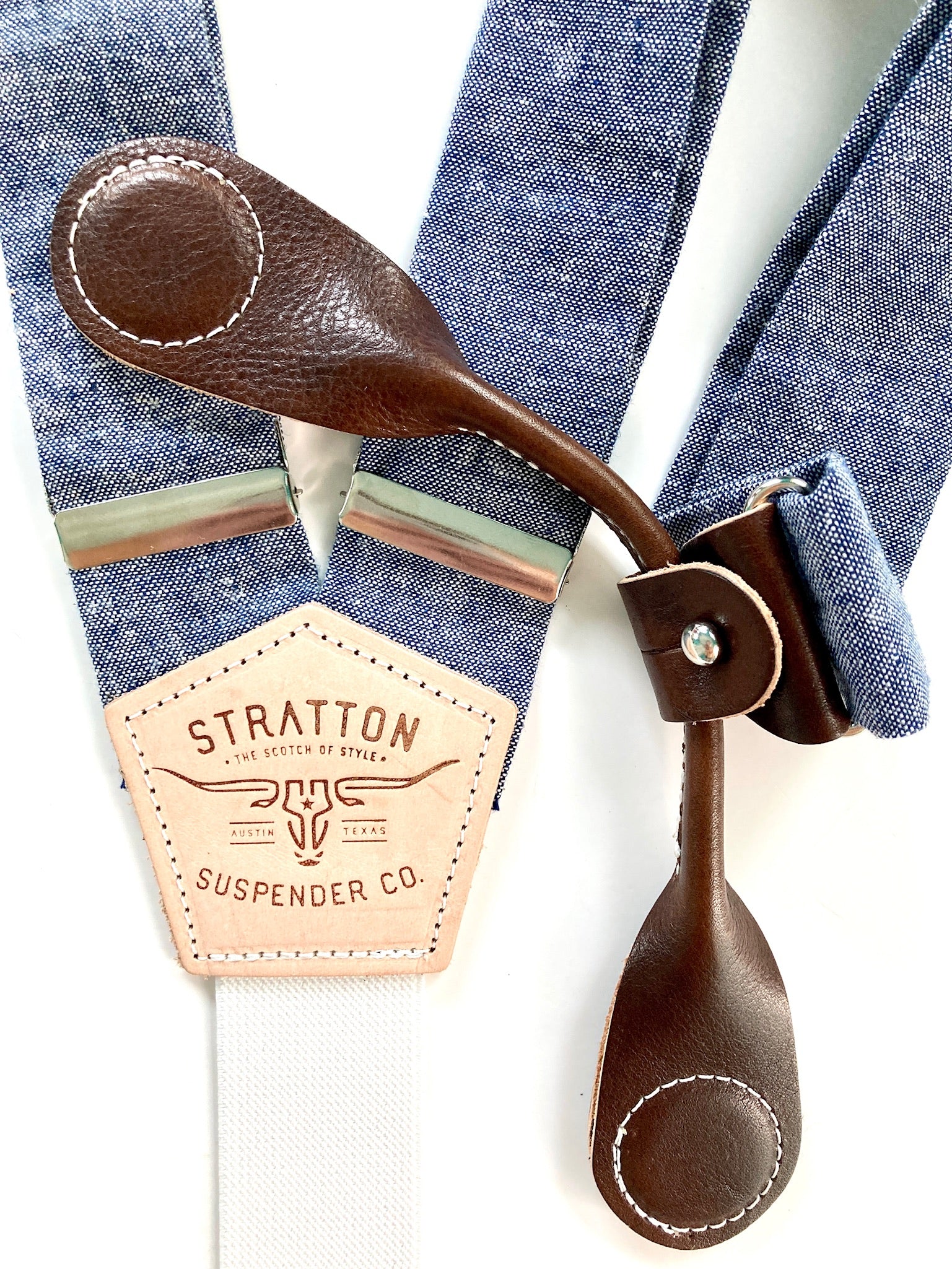 Stratton Suspenders in Blue Bonnet Blue Linen Paired with Chocolate Pontedero Leather Magnetic Clasps